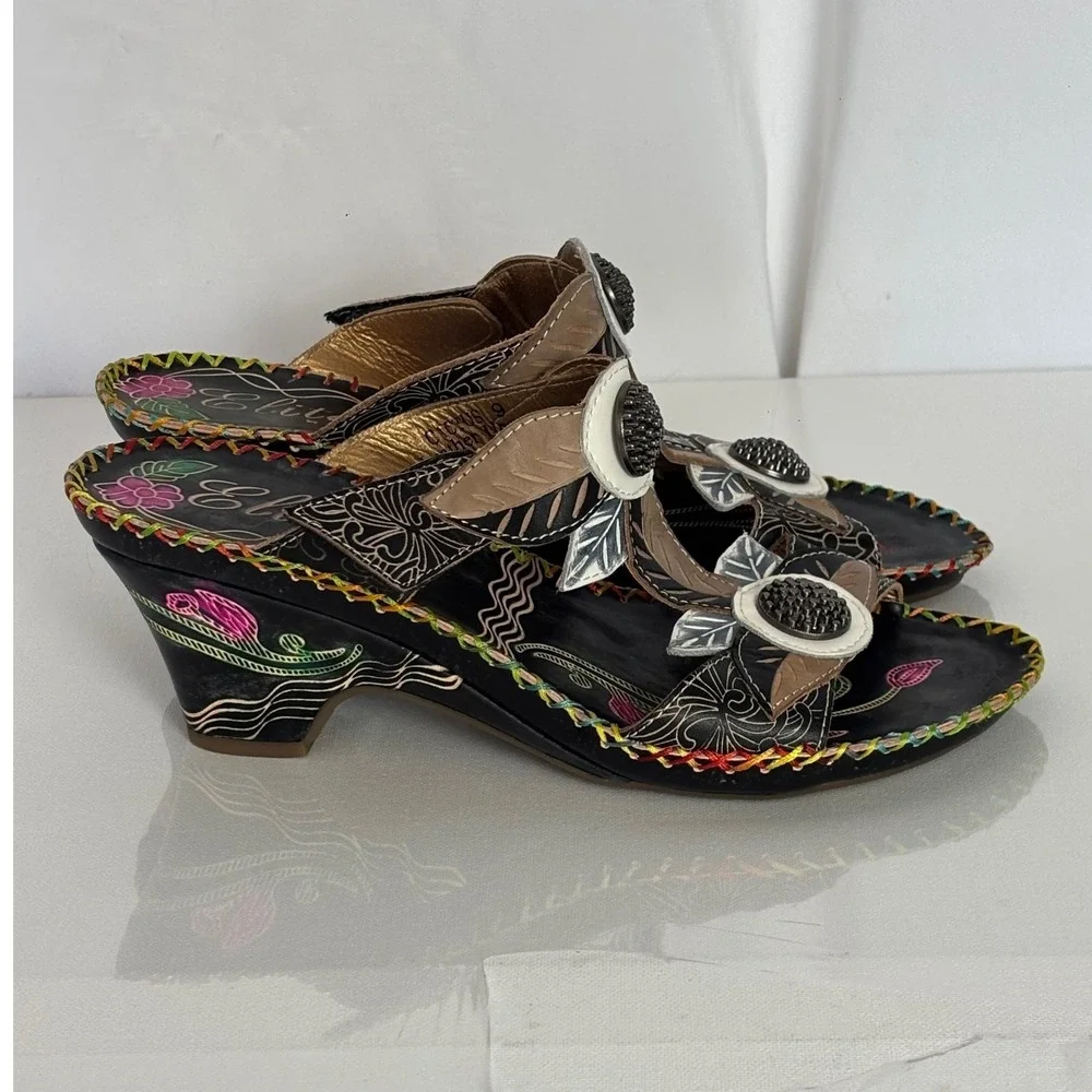 Elite‎ by Corkys Cactus Floral Leather Wedge Sandals Black Art US 9 EU 39